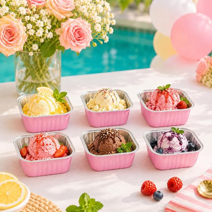 NPLUX 50 Pcs Mini Cake Pans with Lids and Spoons Aluminum Foil Mini Square Baking Cups with Lids Disposable Ramekins Cake Pans Dessert Cups for Wedding, Graduation Gifts Party Favors(Pink,5oz)