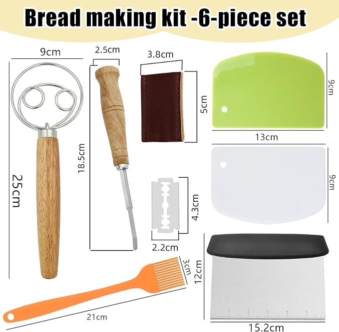 Danish Dough with Sourdough Scoring Tool-Bread Whisk Set of 6 Pieces-Dough Hook,Dutch Whisk,Bread Lame,Bench Scraper & Pastry Brush Bread Making Tools and Baking Supplies
