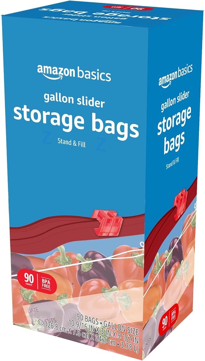 Amazon Basics Slider Gallon Food Storage Bags, BPA Free, Stand-Up Bottom, Easy to Fill, 90 Count (Pack of 2)