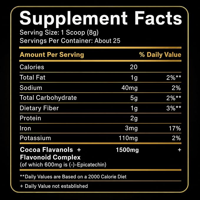 High Flavanol Cocoa Powder, 1500 mg Flavanols & 10X Concentrated Cocoa Extract with 600mg Epicatechin, Supports Heart Health, Nitric Oxide & Energy – Used To Relieve Afternoon Fatigue