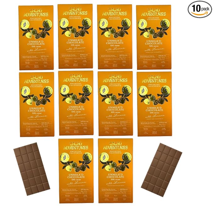 Cacao Adventures - Plant based milk chocolate | Unmilk'd Chocolate Bar with Lucuma | Dairy Free Milk Chocolate | Ceremonial Grade Cacao | Natural | Ethically Sourced Sustainably Grown | (1.76 oz - Pack of 10)