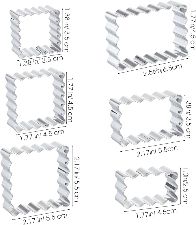 Rectangle Cookie Cutter Set with Scalloped Edge Assorted Sizes, 6 PCS Stainless Steel Square Cookie Cutter with Fluted Edge, Geometric Frame Plaque Cookies Cutters Shapes Molds
