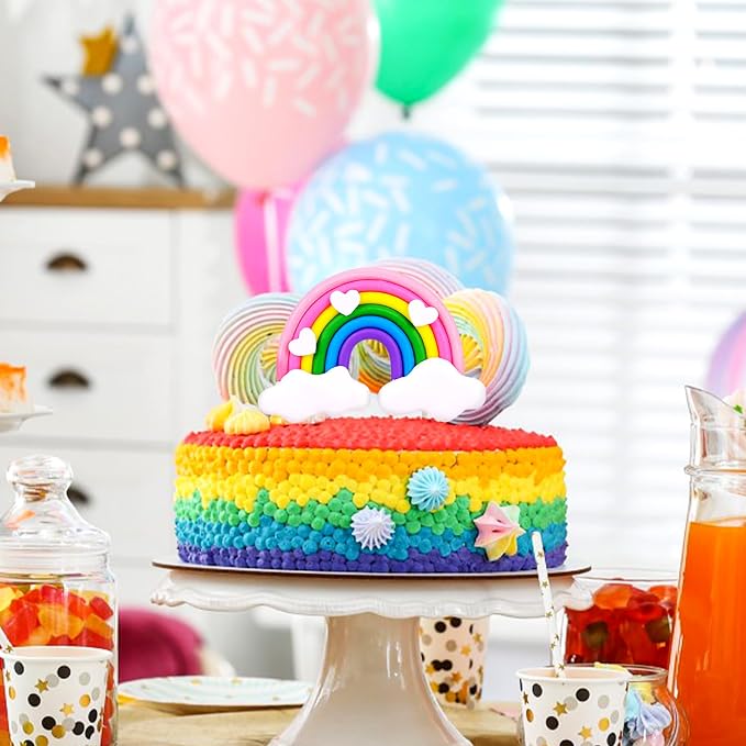 Rainbow Cake Topper - Soft Pottery Heart Cloud Decorations, Colorful Cupcake Topper, Personalized Reusable Happy Birthday Party Supplies