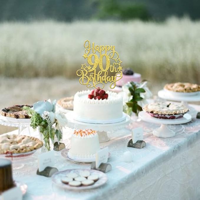 1 PCS Happy 90th Birthday Cake Topper Glitter Cheers to 90 Years Birthday Cake Pick Hello 90 Fabulous Cake Decoration for Happy 90th Birthday Anniversary Party Decorations Supplies Gold