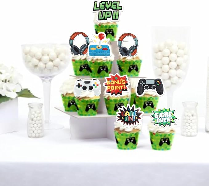 56 PCS Edible Video Game Cupcake Toppers Wafer Paper Game On Controllers Cupcake Picks Edible GamePad Cake Decorations for Game Theme Baby Shower Kids Boys Gamer Birthday Anniversary Party Supplies