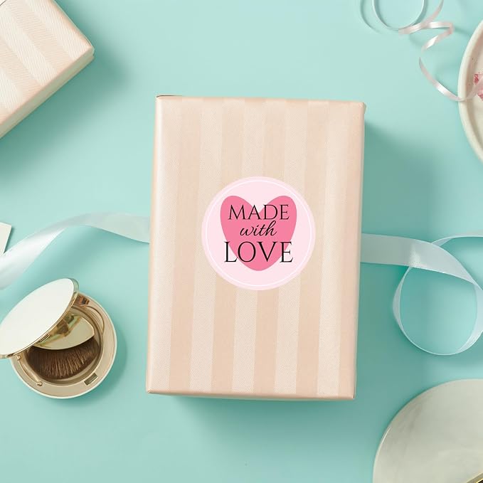 300pcs 1.75" Made with Love Round Gift Labels - Heart, Floral & Green Leaf Design, Eco-Friendly Glossy Stickers for Homemade Handmade DIY Gifts, Treats, Crafts, Beauty, Gift Decoration