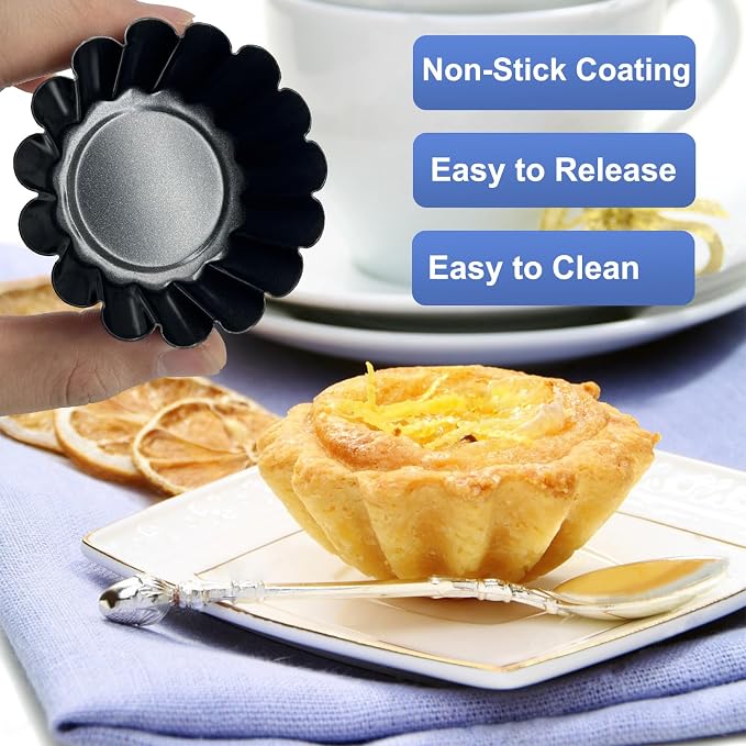 12PCS Egg Tart Molds, 3-Inch Non Stick Mini Tart Pans with Silicone Basting Pastry Brush, Fluted Mini Pie Pans for Baking