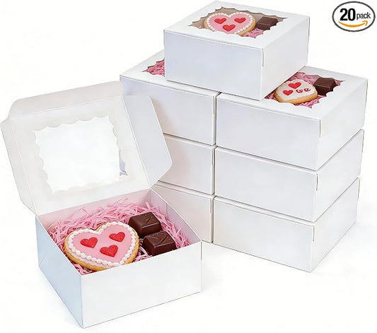 XINHPKGG 20pcs Cookie Boxes 4x4x2.5 Inch Bakery Boxes with Window Treat Box Dessert Box for Wedding Favors Party - White