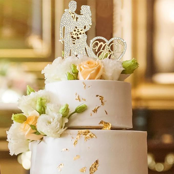 Jaciya Wedding Cake Topper Gold Bride and Groom Cake Topper Rhinestone Heart Shape Metal Mr and Mrs Cake Toppers Reusable Bridal Shower Engagement Anniversary Cake Decorations
