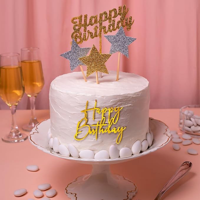 6Pcs Gold Acrylic Cake Toppers - Happy Birthday Sign Picks & Decorations for Celebrating Birthday & Anniversary Parties