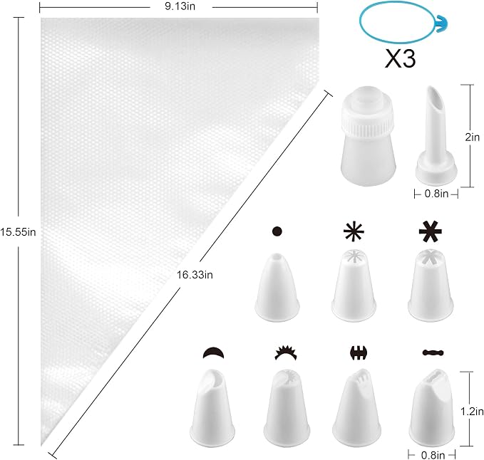Weetiee Pastry Bag - 100 Pieces 16 Inch [Extra Thick] Disposable Piping Bags Set with 8 decorating tips, 1 coupler and 3 Bag Ties for Cake Decorating Royal Frosting