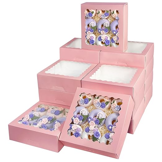 Bakepacker 55pcs Pink Pie Boxes 8x8x2.5 inches Easy Assemble Macaroon Cookie Boxes Bakery Boxes with Window for Bakery (Auto-pop Up)