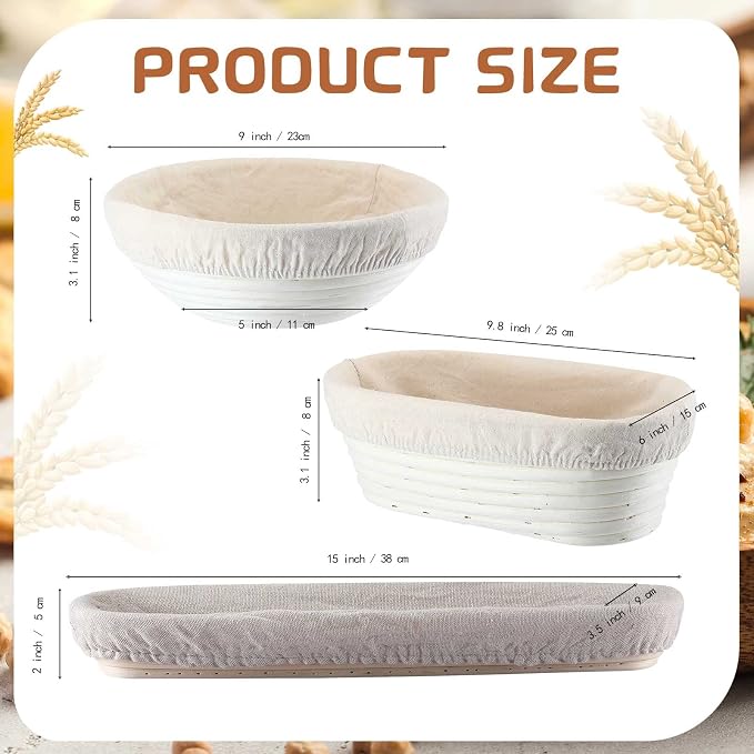 Gerrii 3 Packs Bread Banneton Proofing Basket 9" Round and 10" Oval and 15 Inch Oval Cane Sourdough Baskets Bread Baking Dough Bowl for Bakery Home Bakers