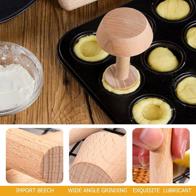 DOERDO 4Pieces Wooden Tart Tamper Set Double-Side Egg Tarts Tamper Pastry Tools DIY Cake Pastry Tool for Mini Egg Tart Cheesecakes Dessert Baking