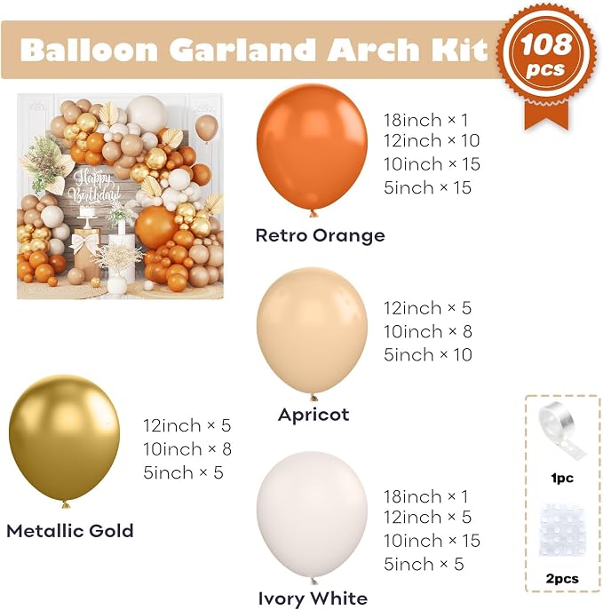 Fall Balloon Arch Kit, 108 Pcs Burnt Orange Balloons Garland Kit with Terracotta Ivory White Apricot Latex Balloon Metallic Gold for Kids Boho Baby Shower Birthday Wedding Celebration Party Decoration