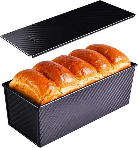 Commercial Pullman Loaf Pan with Lid, 2.2Lb Dough Capacity Non-Stick Rectangle Corrugated Carbon Steel Bread Toast Mold with Cover for Baking Bread (Black)