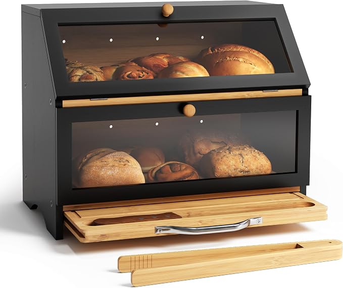 MAISONPEX Double Layer Bamboo Bread Box for Kitchen Countertop, Large Capacity, Cutting Board, Stainless Steel Bread Knife, Double Layer Storage Container with Clear Windows, Black