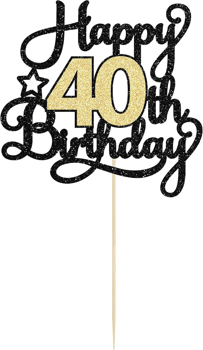 1Pc 40th Happy Birthday Cake Topper Glitter Cheers to 40 Years Birthday Cake Pick Decoration for 40th Wedding Party Decoration Supplies Black Gold
