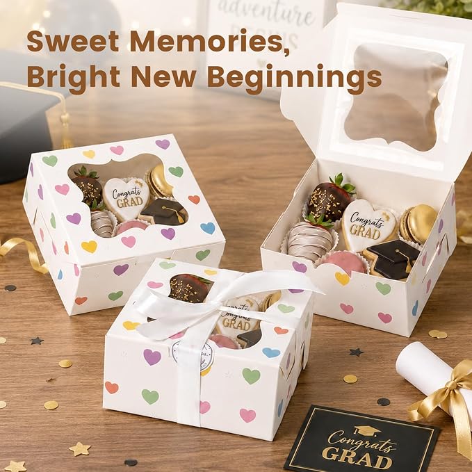 OAMCEG 50 Pack Cookie Boxes with Window, 6x6x3 Inch White Bakery Boxes for Desserts, Donuts,Cookies, Heart-shape Take-out Treat Boxes for Party & Wedding, Gifts