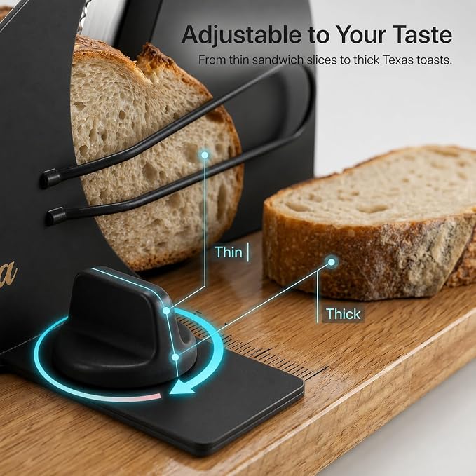 Sourdough Bread Slicer for Homemade Bread, Adjustable Thickness, Hand Crank | Adjustable thickness up to 0.9 in, 430 stainless steel blade, anti-jam guide, solid wood base, suction feet, and hand crank.