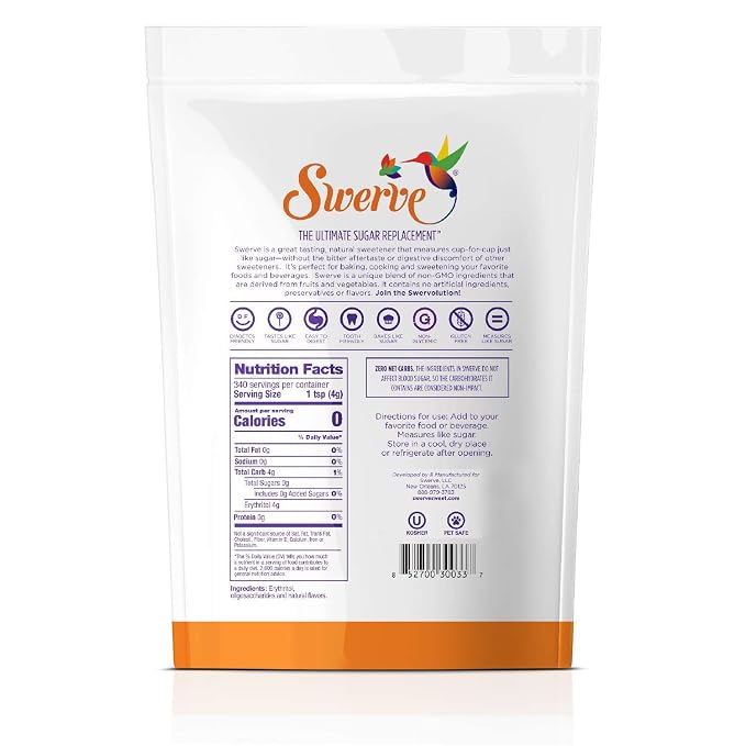 Swerve Ultimate Sugar Replacement Sweetener, Granular Sugar Substitute, Zero Calorie, Keto Friendly, Zero Sugar, Non-Glycemic, Gluten Free, 48 ounces