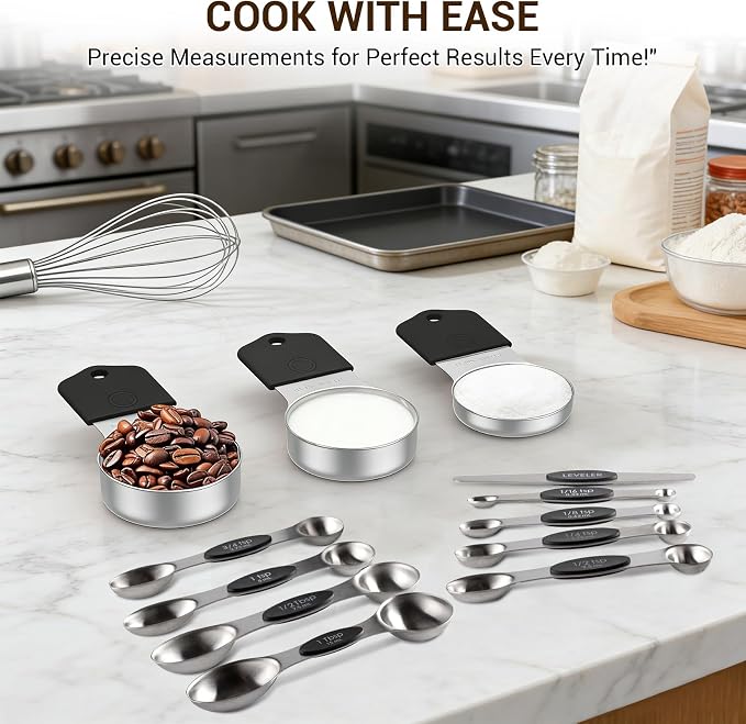 Magnetic Measuring Cups and Spoons Set 16 Piece, 304 Stainless Steel Measuring Cups Spoons with Leveler, Double Engraved Markings, Nesting Magnetic Design, Black Handle, for Baking Cooking Dry Liquid