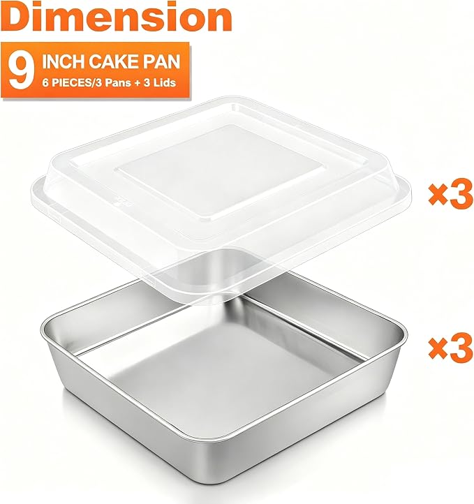 Herogo Baking Pan with Lid (3 Pans + 3 Lids), 9''x 9'' Stainless Steel Nonstick Square Deep Cake Pan, Rectangle Cakes Bakeware for Brownies Casseroles, Non Toxic & Dishwasher Safe, Set of 3