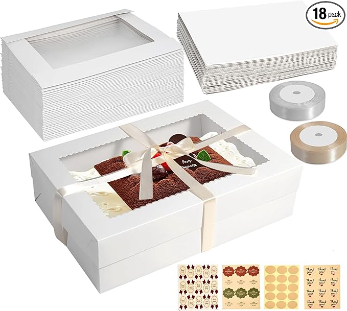 18pcs Cake Boxes with Cake Board, 14x10x4 Inches White Bakery Boxes with Large Window for Quarter Sheet Cakes, Donuts, Cupcakes, Pastry & Pies