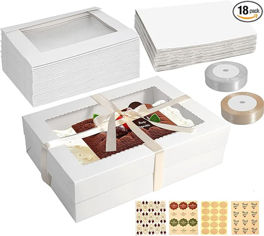 18pcs Cake Boxes with Cake Board, 14x10x4 Inches White Bakery Boxes with Large Window for Quarter Sheet Cakes, Donuts, Cupcakes, Pastry & Pies