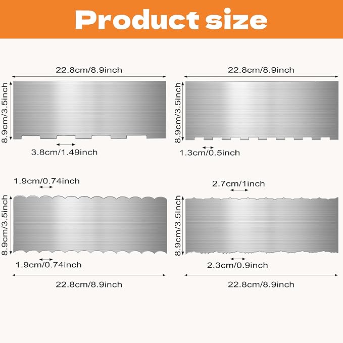 4 Pcs Stainless Steel Cake Scraper, 9 inch Cake Scraper Smoother, Double Sided Patterned Edge Stripe Edge Smoother Decorating for Mousse Butter Cream Dessert Decoration, 4 Styles