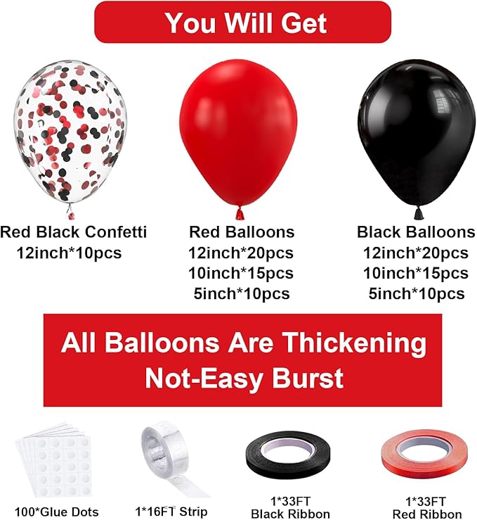 Bezente Red Black Balloons Garland Kit,100Pcs Black Red Balloons and Red Black Confetti Balloons Arch for Wedding Birthday Graduation BBQ Casino Party Prom Party Arch Decoration