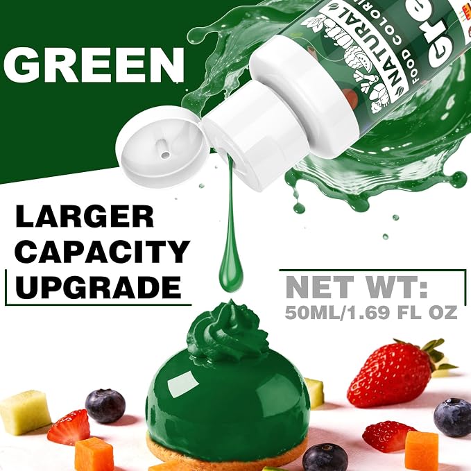 Green Natural Food Coloring - 50ml Plant Based Food Dye, No FD&C & Artificial Dyes, Gluten-Free, Food-Grade, Vibrant Liquid Colors for Icing, Baking, Cake Decorating, Frosting, Fondant, Slime - 1.69 Fl.Oz Bottles