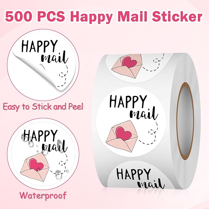 Louise Maelys 1.5 Inch Happy Mail Stickers 500 Pcs Lables for Mail Decorations for Envelopes, Crafts, Scrapbooking Easy Peel & No Residue
