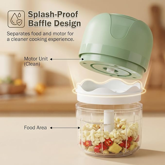 TaiWaggers Mini Electric Garlic Chopper, Dual-Cup Electric Mini Garlic Chopper,Portable Wireless Food Processor for Vegetables, Onion, Ginger, Chili, Meat – Rechargeable, Splash-Proof（Light Green）