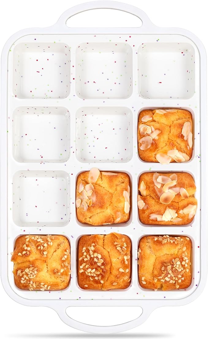 1 Pc Brownie Pan with Dividers Silicone Nonstick Mini Individual 12 Cup Square Muffin Cupcake Pans with Metal Frame(Cream)