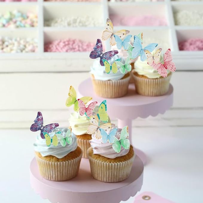40 PCS Wafer Paper Butterfly Cupcake Toppers Edible Butterflies for Cake Decorations Colorful Edible Butterfly Cake Toppers for Wedding Birthday Party Cupcake Decorating Supplies