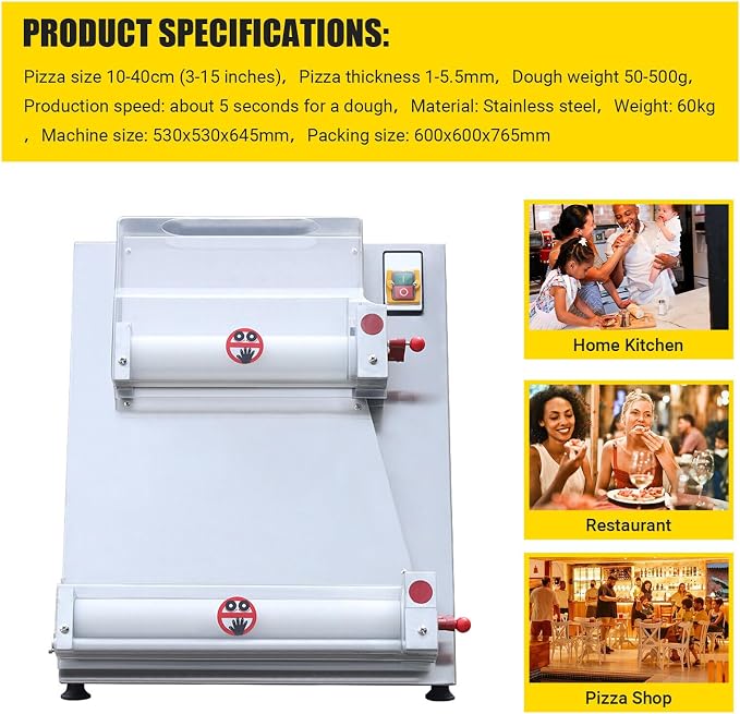 Pizza Dough Roller Sheeter, Max 16" Automatic Commercial Dough Roller Sheeter, 110V 370W Electric Pizza Dough Roller Stainless Steel, Suitable for Noodle Pizza Bread and Pasta Maker Equipment