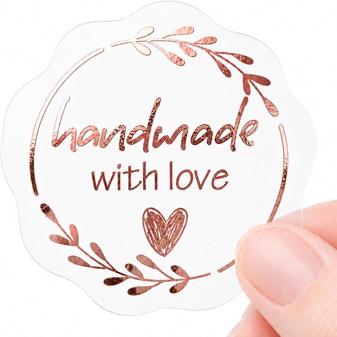 Handmade with Love Gold Foil Stickers, Pack of 100 Embossed Matte Gold Seals for Bakery Packaging, Treat Bags, Pastry Boxes, Small Business Thank You Labels for Gift Wrapping, 1.7 Inch (Rose)