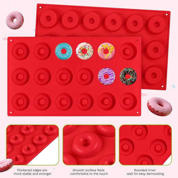 2er Pack Silicone Donut Mold - Non-Stick Silicone Doughnut Pan DIY Chocolate Baking Cookie Molds, Heat Resistant, Make Donut Cake Biscuit Bagels, BPA Free Dishwasher Safe (red, 18 Cavities)