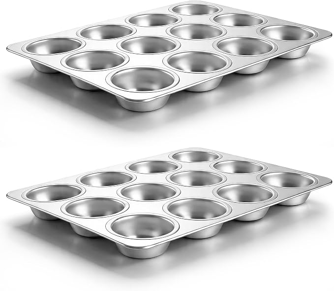 LIANYU 12 Cups Muffin Pan for Baking, 2 Pack Stainless Steel Muffin Cupcake Tin, Regular Size Muffin Cupcake Tray Pan for Oven, Metal Cupcake Mold for Mini Muffin Cake, Non-toxic, Dishwasher Safe