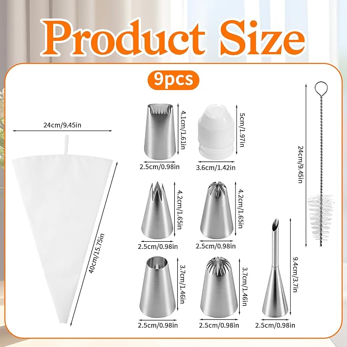 Pastry Bags and Tips 9 PCS Reusable Piping Bags and Tips Set with Coupler, 16" Large Pastry Bag, Stainless Steel Nozzles and Cleaner for Cake Decorating, Baking Supplies