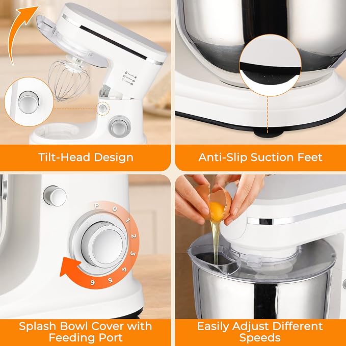 6.5QT Stand Mixer, 700W 6-Speed Tilt-Head Electric Stand Mixer, 3-In-1 Kitchen Mixer with Bowl, Dough Hook, Wire Whisk & Flat Beater, Perfect for Bakery, Cake, Bread and Home Baking