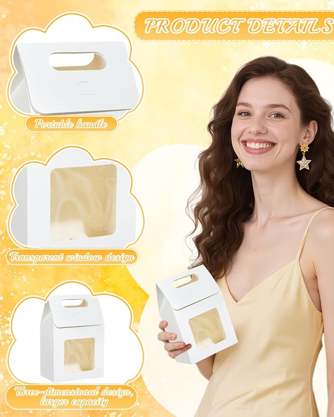 Liobelon 24 Pieces Mini Kraft Paper Gift Bags with Clear Window, 5.9 x 3.9 x 2.3inch Goodie Treat Box for Bakery Cookies, Wedding Favors, Small Business (white)