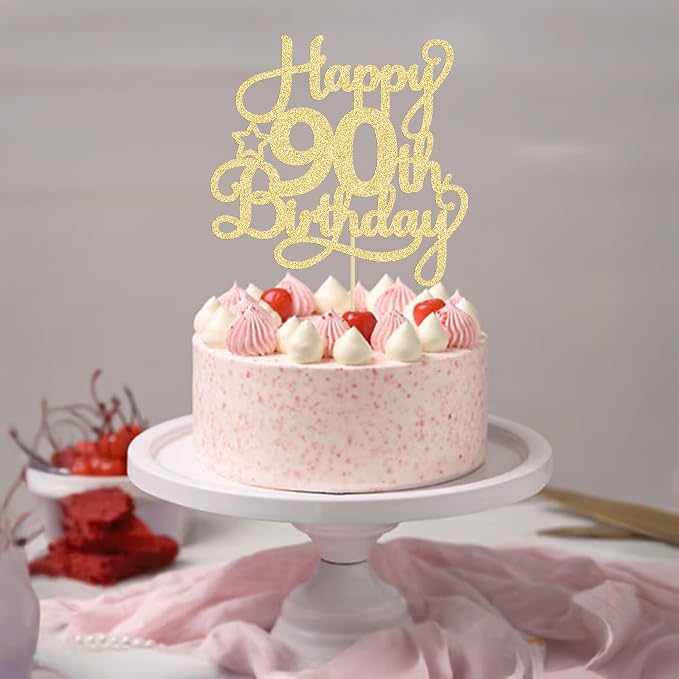 1 Pack Happy 90th Birthday Cake Topper Gold Glitter 90 & Fabulous Cheers to 90 Years Old Birthday Cake Pick for Celebrating 90th Birthday Anniversary Party Cake Decorations Supplies