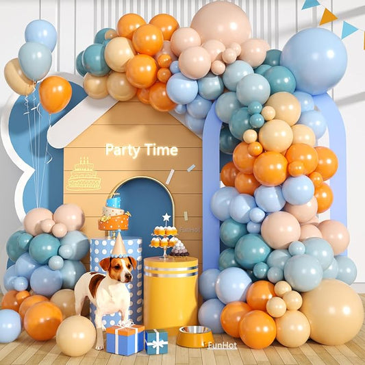 FunHot Orange Blue Balloon Arch Garland Kit, Retro Sea Fog Blue Ivory White Macaron Orange Latex Balloons with Ribbons for Baby Shower Graduation Engagement Kids Birthday Party Decorations