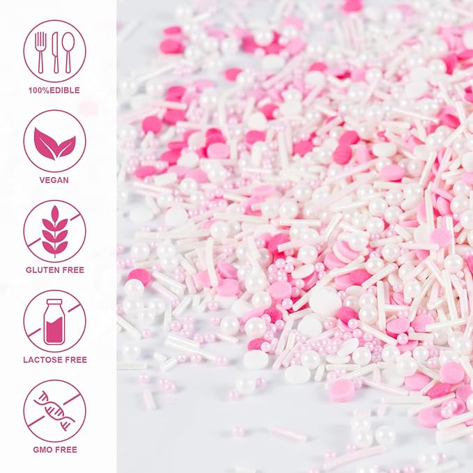 Pink Sprinkles for Cake Decorating 7 OZ Edible Pearl Sugar Sprinkles Topper for Cookie Cupcakes, Candy, Cream, Chocolate Cake Decorations - Jimmies, Nonpareils, Confetti