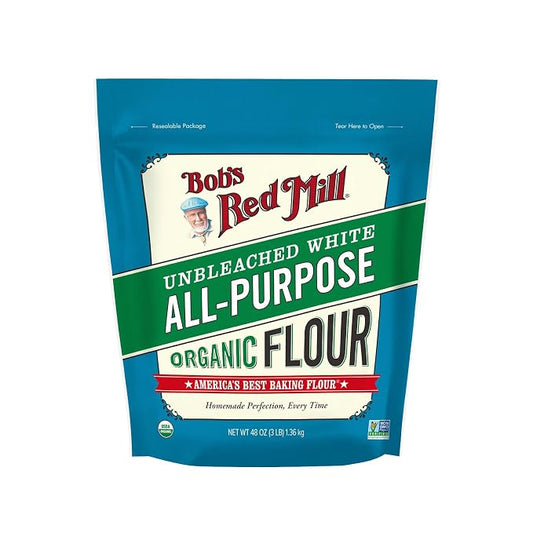Bob's Red Mill Organic All Purpose Unbleached Flour, 3 Pound (Pack of 1) - Non-GMO, Vegan, Unbromated, Unenriched