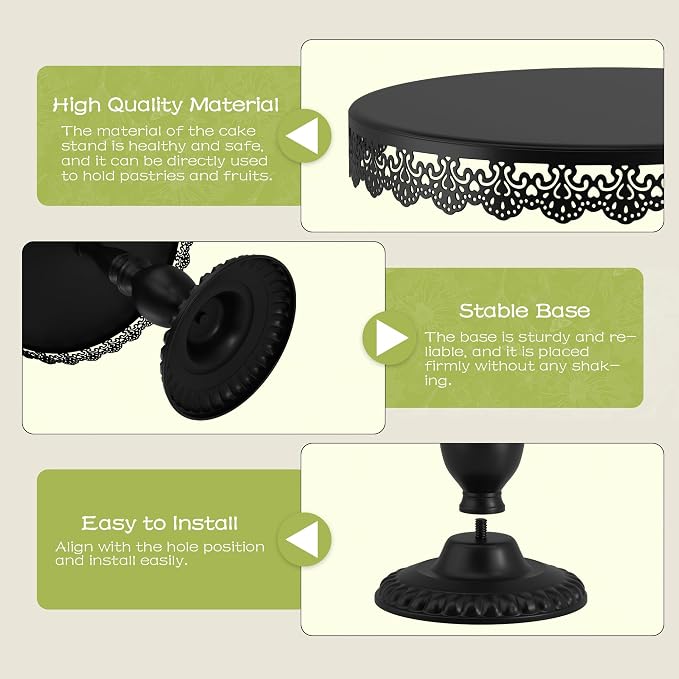 3 PCS Black Cake Stands (8"&10"&12" Plate), Cupcake Stand with a lace Hollow Border Metal Cake Stand Set for Birthday Party, Wedding, Anniversary, Baby Shower