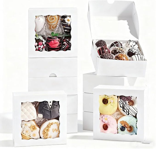 50 Pcs 5x5x2Inches Boxes for Baked Goods Bakery Boxes with Window for Treat, Cake, Cinamon Rool,Cookies,Chocolate Covered Strawberries & 5inch Favor Box Candy Gift Packing