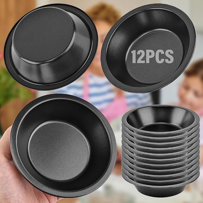 12 Pcs Mini Pie Pans,5 Inch NonStick Individual Dish Pie Plate Reusable Round Tins Small Bakeware for Baking Pot Pies, Cakes, Quiches, Tarts, Desserts(COLOR:Black)